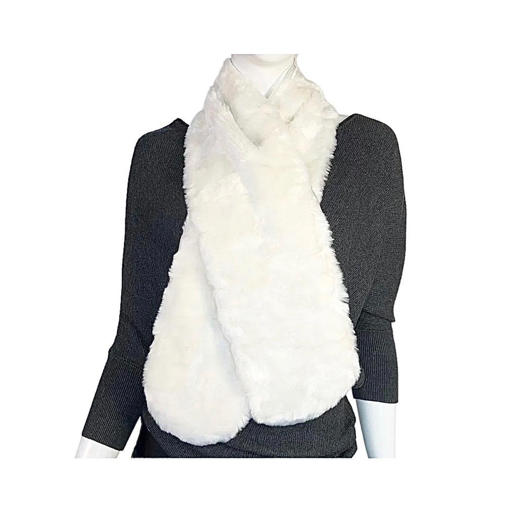 White Faux Fur Scarf Stole Plush Winter Neck Warmer Satin Lined Wrap